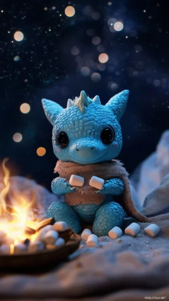 A tiny blue dragon wearing a cute scarf, sitting by a glowing campfire with marshmallows on sticks, with a soft, starry night background.