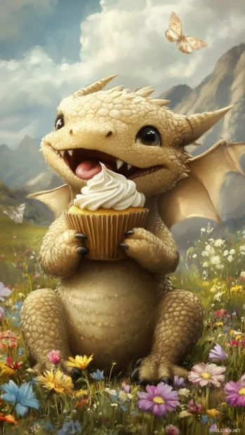 A tiny, chubby dragon happily munching on a cupcake, its cheeks puffed up with icing.