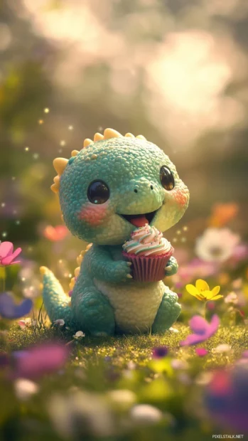 A tiny, chubby dragon happily munching on a cupcake, its cheeks puffed up with icing, while sitting in a field of colorful flowers.