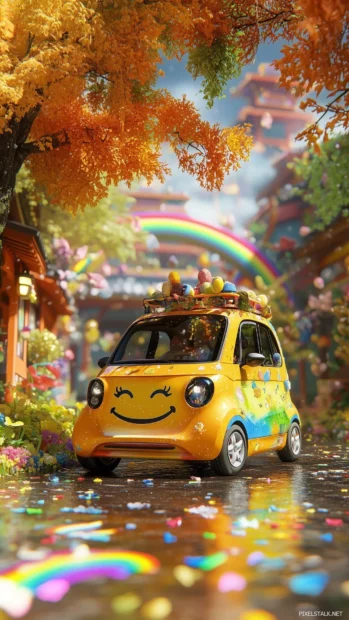 A tiny, nice smart car with a smiling face decal, parked under a rainbow in a whimsical setting .