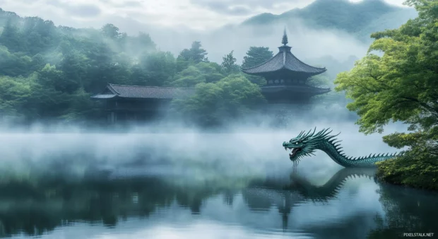 A traditional Japanese dragon emerging from a serene lake.