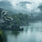 A traditional Japanese dragon emerging from a serene lake, surrounded by mist and lush greenery.