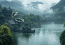 A traditional Japanese dragon emerging from a serene lake, surrounded by mist and lush greenery.