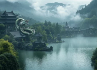 A traditional Japanese dragon emerging from a serene lake, surrounded by mist and lush greenery.