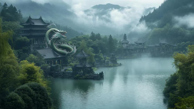 A traditional Japanese dragon emerging from a serene lake, surrounded by mist and lush greenery.