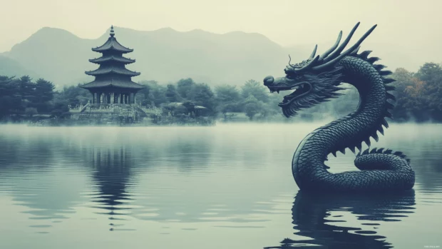 A traditional Japanese dragon emerging from a serene lake, surrounded by mist and lush greenery, with a background of ancient temples and mountains.