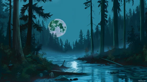 A tranquil and cool dark forest background with moonlight filtering through the trees.