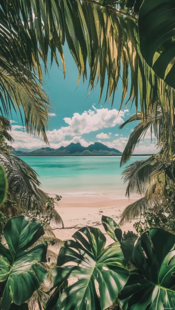 A tranquil beach view framed by lush tropical foliage, including palm leaves and vibrant green monstera leaves, the sunlit ocean glistening in the distance.