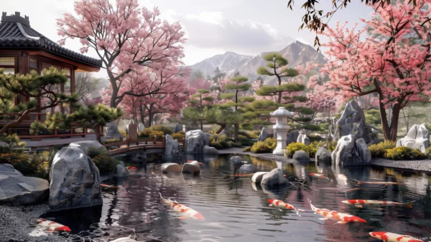 A tranquil cool toned Japanese garden with a koi pond and cherry blossoms.