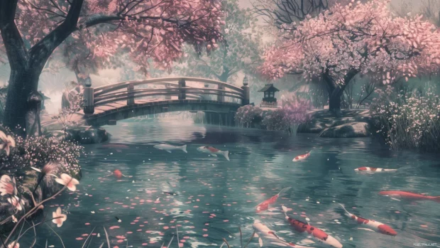 A tranquil cool toned Japanese garden with a koi pond and cherry blossoms.