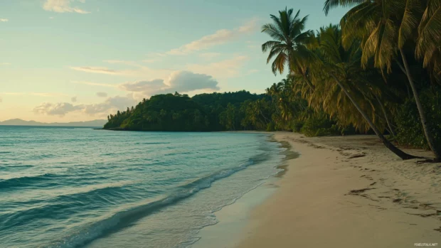 A tranquil tropical beach at sunrise, soft golden light illuminating the horizon, calm turquoise waves.