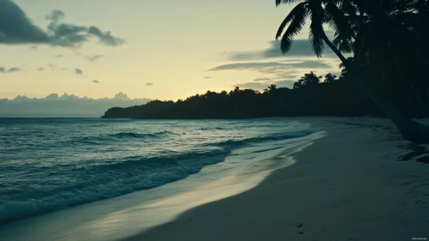 A tranquil tropical beach at sunrise, soft golden light illuminating the horizon, calm turquoise waves gently lapping against the white sandy shore, coconut palm trees leaning over the water.