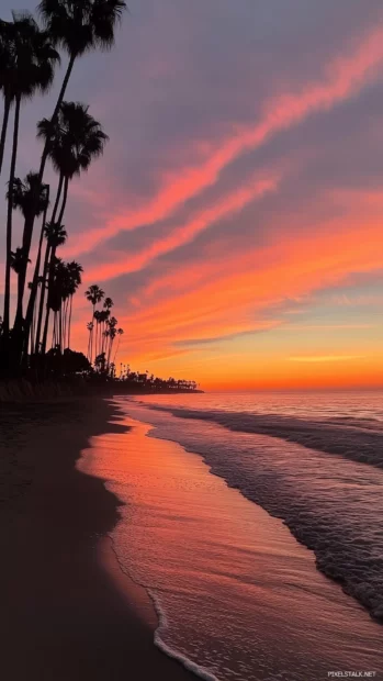 A tropical beach at sunset with dramatic orange, pink, and purple hues in the sky, calm ocean waves reflecting the sunset colors.