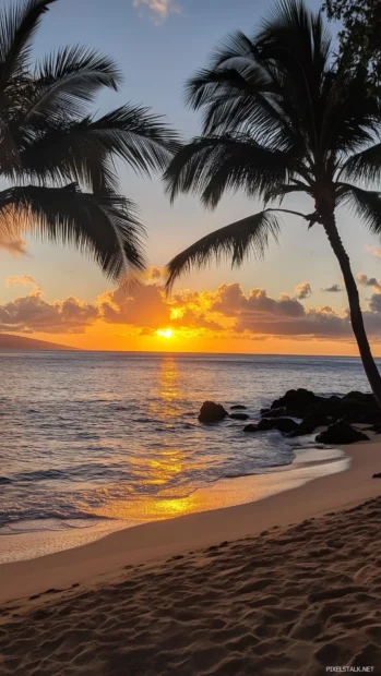 A tropical beach at sunset with dramatic orange, pink, and purple hues in the sky, calm ocean waves reflecting the sunset colors, silhouettes of palm trees along the beach.