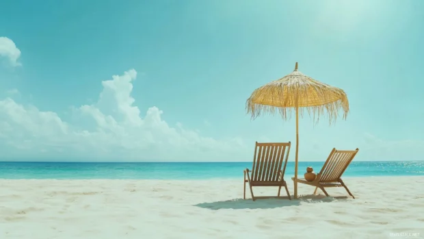 A tropical beach desktop wallpaper with a wooden beach chair, straw umbrella.