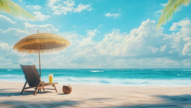 A tropical beach wallpaper with a wooden beach chair, straw umbrella, and a fresh coconut drink on the side, view of the vast turquoise ocean and blue sky.