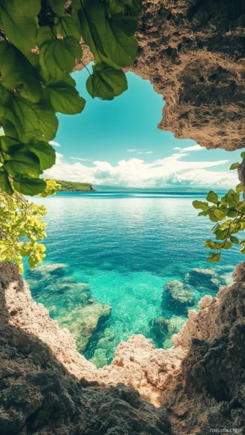 A tropical beach with a natural rock arch framing the ocean view.