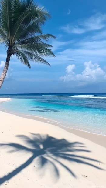 A tropical beach with palm shadows cast on white sand, turquoise waves rolling in gently, pastel blue sky with soft clouds, modern minimalist aesthetic with a clean and fresh look.