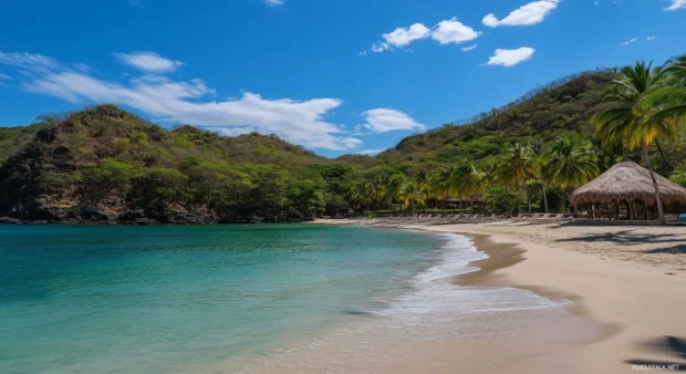 A tropical computer wallpaper with crystal clear blue water and soft white sand.