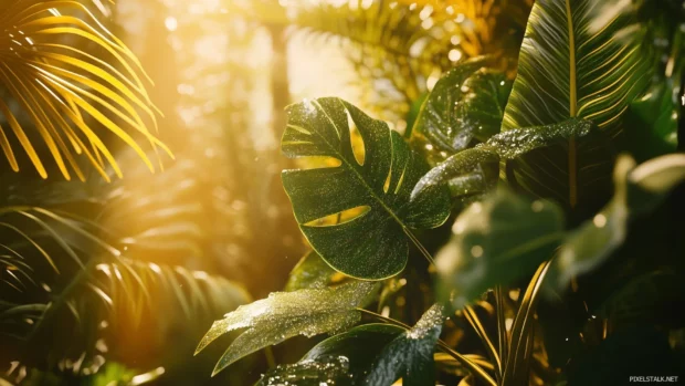 A tropical foliage composition featuring dense layers of exotic leaves.