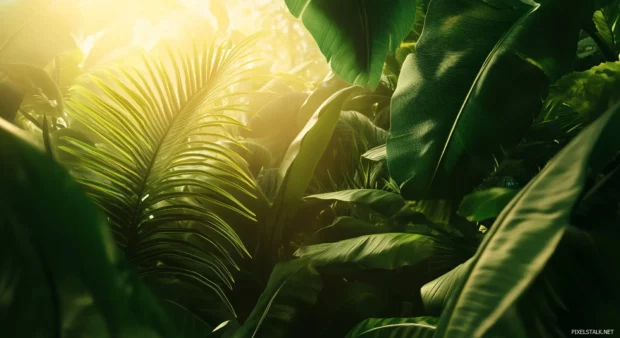 A tropical foliage composition featuring dense layers of exotic leaves, including monstera, palm, banana, and fern leaves, rich green tones with golden sunlight filtering through.