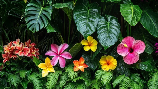 A tropical garden wallpaper with vibrant hibiscus, plumeria, and bird of paradise flowers, lush greenery with large monstera leaves and ferns, dewdrops glistening in the morning light.