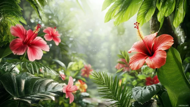 A tropical garden with vibrant hibiscus, plumeria, and bird of paradise flowers, lush greenery.