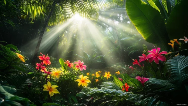 A tropical garden with vibrant hibiscus, plumeria, and bird of paradise flowers, lush greenery with large monstera leaves and ferns, dewdrops.