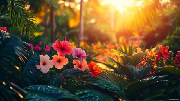 A tropical garden with vibrant hibiscus, plumeria, and bird of paradise flowers, lush greenery with large monstera leaves and ferns, dewdrops glistening in the morning light.