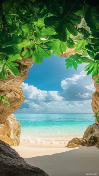 A tropical iPhone wallpaper with a natural rock arch framing the ocean view, lush green foliage on the rocks, calm blue water stretching into the horizon, golden sand beach below.