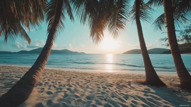 A tropical island at golden hour with warm sunlight casting long shadows on the soft sand.