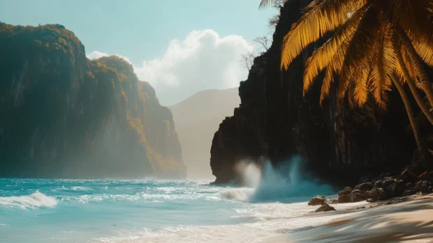 A tropical island featuring dramatic cliffs rising from the ocean, palm trees dotting the landscape.