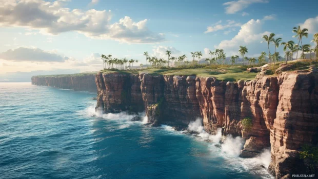 A tropical island featuring dramatic cliffs rising from the ocean, palm trees dotting the landscape, and waves crashing against the rocks.