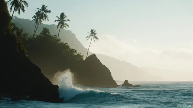 A tropical island featuring dramatic cliffs rising from the ocean, palm trees dotting the landscape, and waves crashing against the rocks, all under a bright, clear sky.