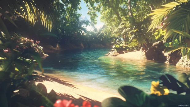 A tropical island paradise wallpaper with a pristine beach and a vibrant lagoon.