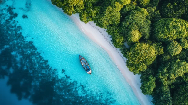 A tropical island with bright blue waters, a small boat anchored at the shore.