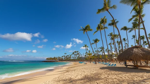 A tropical paradise computer wallpaper with crystal clear blue water and soft white sand, vibrant green palm trees lining the shore, a small beach cabana with a thatched roof.