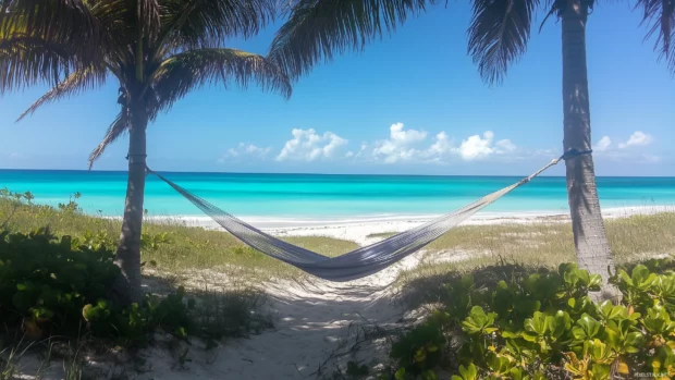 A tropical paradise view from a hammock tied between two palm trees, overlooking a calm beach.