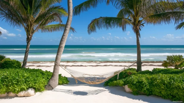 A tropical paradise view from a hammock tied between two palm trees, overlooking a calm beach, soft white sand, and endless turquoise ocean waves.