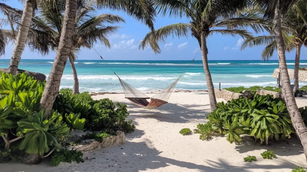 A tropical paradise wallpaper from a hammock tied between two palm trees.