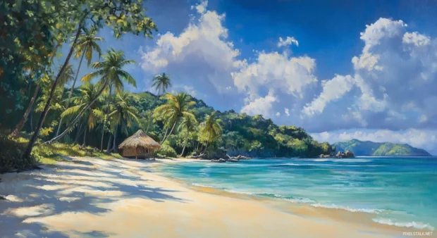 A tropical paradise with crystal clear blue water and soft white sand, vibrant green palm trees lining the shore.