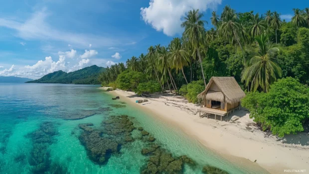 A tropical paradise with crystal clear blue water and soft white sand, vibrant green palm trees lining the shore, a small beach cabana with a thatched roof.