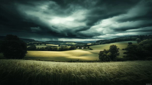 A vast sky filled with thick, dramatic storm clouds rolling in over a rural field.