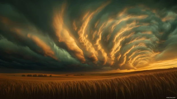 A vast sky filled with thick, dramatic storm clouds rolling in over a rural field, capturing the power and beauty of nature.