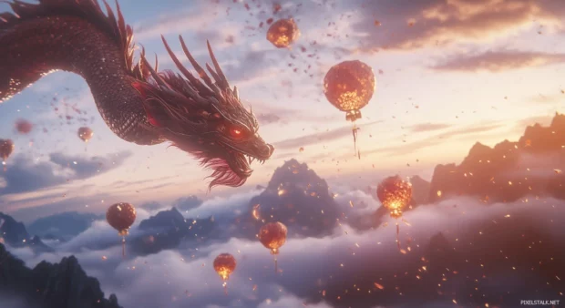 A vibrant Chinese Dragon with intricate red and gold scales, swirling through a sky filled with traditional Chinese lanterns, clouds, and mountains.