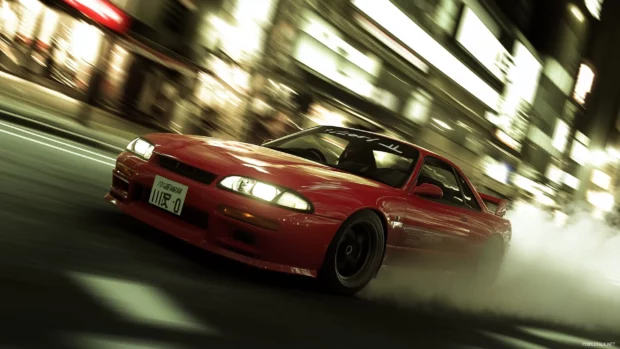 A vibrant JDM car drifting through a city intersection at night.