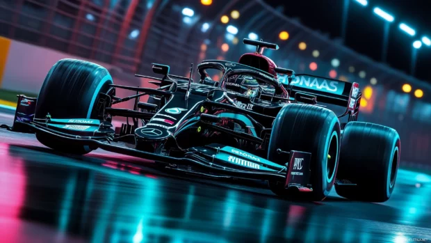 A vibrant image of an F1 car under the lights of a nighttime race, with the neon glow of the racetrack reflecting off the cars polished body.