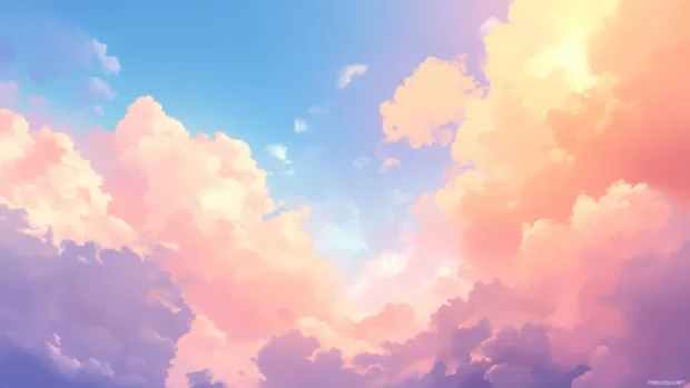 A vibrant sky at sunrise, painted with soft pastel pink and orange clouds.