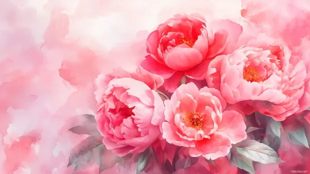 A vibrant watercolor composition of blooming peonies and roses, with rich pinks and reds merging into soft washes of color.