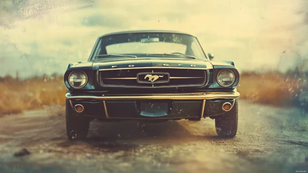 A vintage 1960s Ford Mustang captured in a faded Polaroid frame, with a retro film grain effect and warm tones.